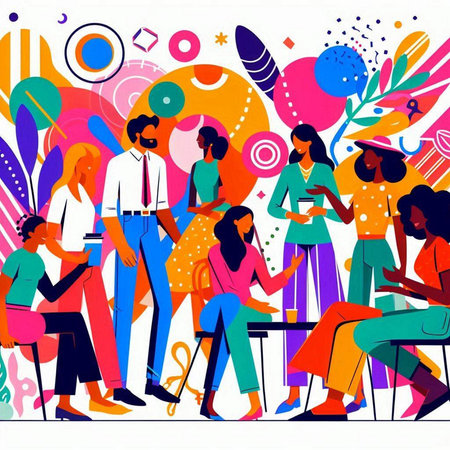 Vector illustration of a group of young people sitting at the table.のイラスト素材