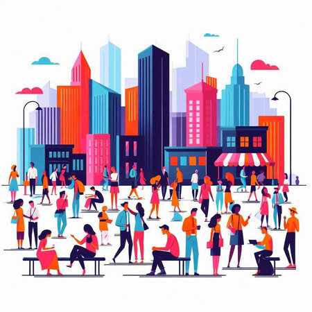 People walking in the city. Urban scene. Vector illustration in flat styleのイラスト素材