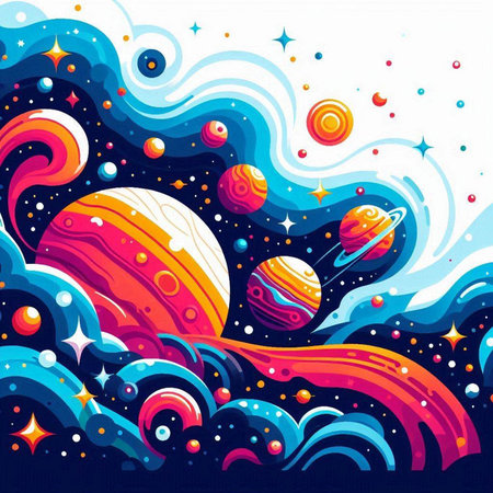 Space background with planets, stars and sun. Vector illustration for your designのイラスト素材