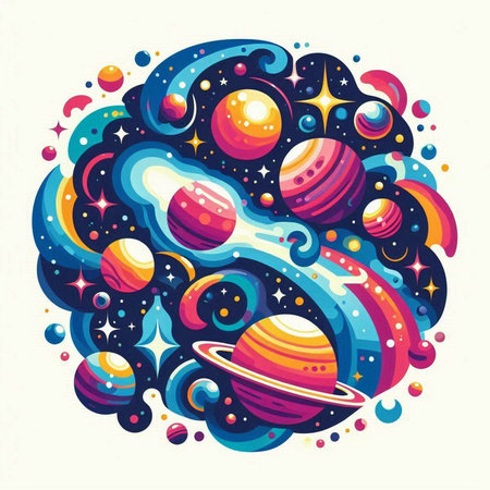 Cartoon planet with planets and stars. Vector illustration for your designのイラスト素材