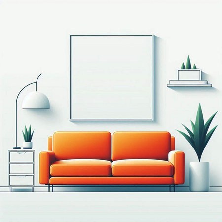 Modern interior with orange sofa, lamp and plant. Vector illustration.のイラスト素材
