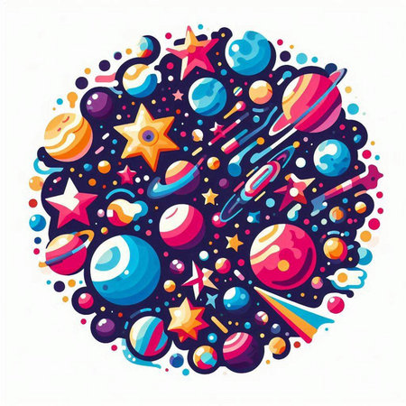 Cartoon circle with space planets and stars. Vector illustration for your designのイラスト素材