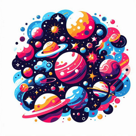 Cartoon planet in space with stars and planets. Vector illustration.のイラスト素材