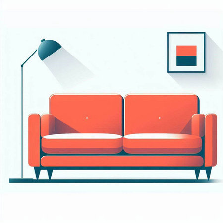 Red sofa with lamp and picture on the wall, vector illustration.のイラスト素材