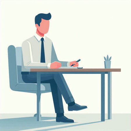 Businessman sitting at desk and writing in notebook. Vector illustration.のイラスト素材