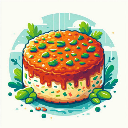 Illustration of a round plate with a carrot cake decorated with green leavesのイラスト素材