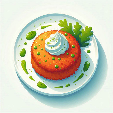 Illustration of a delicious carrot cake on a plate with cream.のイラスト素材
