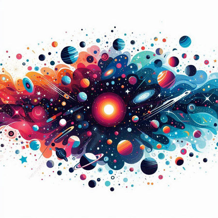 Abstract space background with planets, stars and nebula. Vector illustration.のイラスト素材