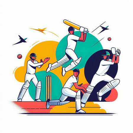 Cricket players in action, cartoon vector illustration on white background.のイラスト素材