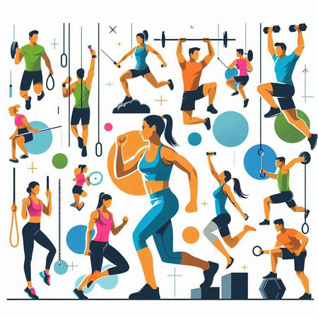 Fitness people training in gym, flat vector illustration. Group of men and women exercising with sports equipment.のイラスト素材