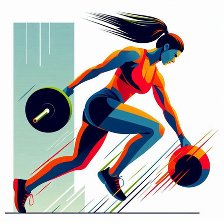Illustration of a woman lifting a barbell in a gym.のイラスト素材