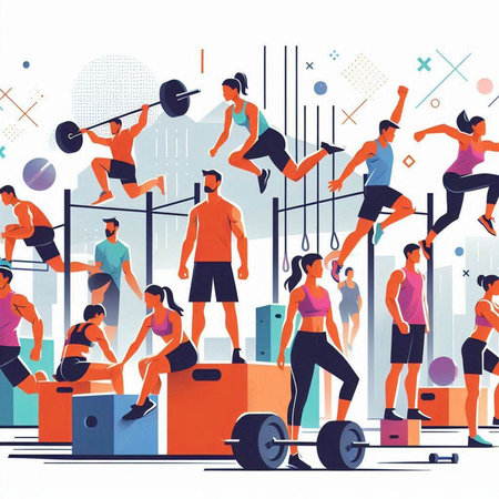 Fitness people, men and women training in gym, vector illustrationのイラスト素材