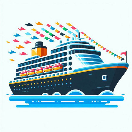 Cruise ship with colorful flags. Vector illustration on white background.のイラスト素材