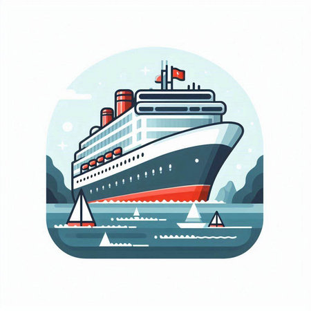 Cruise ship on the water. Vector illustration in flat style.のイラスト素材