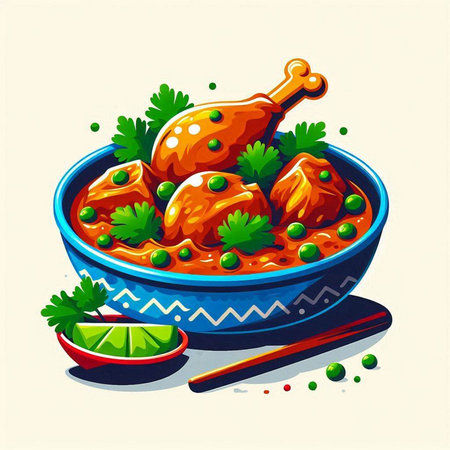 Chicken tikka masala in bowl. Indian cuisine vector illustrationのイラスト素材