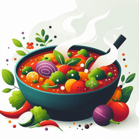 Vegetable soup with chili pepper, tomato, onion, cucumber, bell pepper and onion. Vector illustration.のイラスト素材