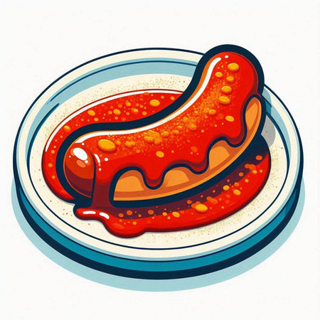 Illustration of a hot dog on a plate with ketchup.のイラスト素材