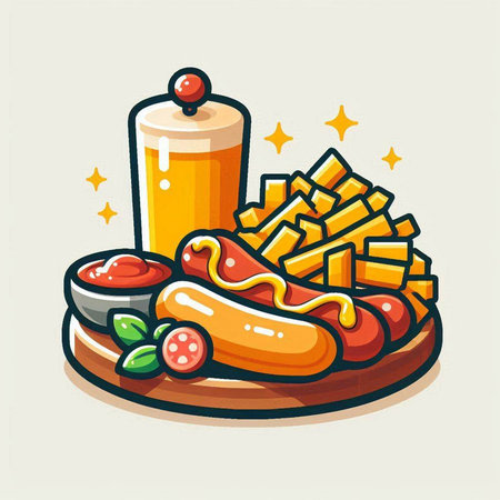 Sausage, chips and a glass of juice. Vector illustration.のイラスト素材