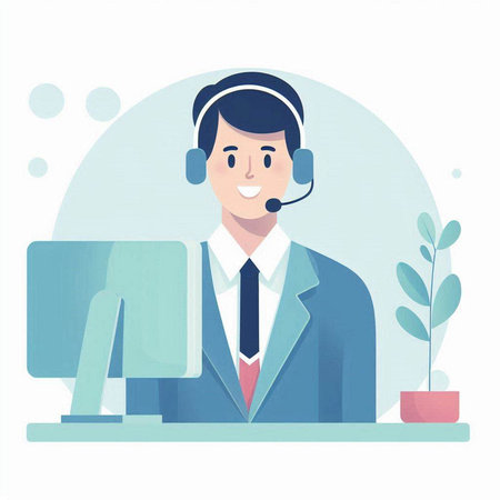 Call center operator with headset and computer. Flat style vector illustration.のイラスト素材