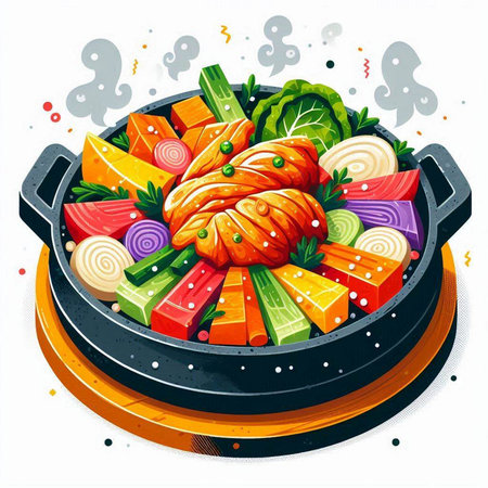 Salmon in a pan with vegetables. Vector illustration in cartoon style.のイラスト素材