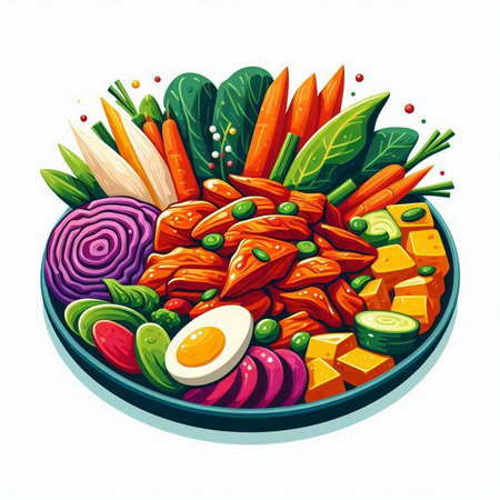 Vector illustration of a plate of vegetables and meat on a white backgroundのイラスト素材