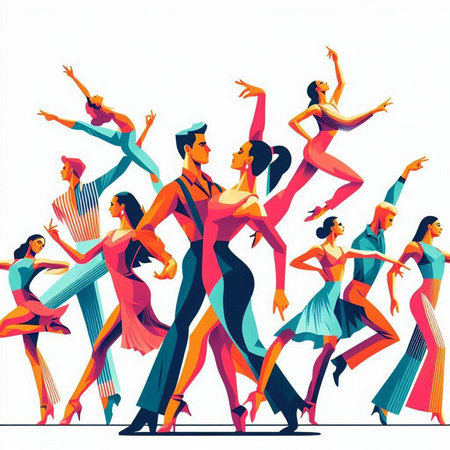Dancing couples. Group of dancing people. Vector Illustration.のイラスト素材