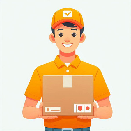 Courier holding a parcel in his hands. Delivery man in uniform delivering a parcel. Delivery man in a flat style. Vector illustration.のイラスト素材