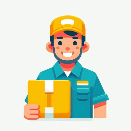 Delivery man in uniform with box. Vector illustration in flat style.のイラスト素材