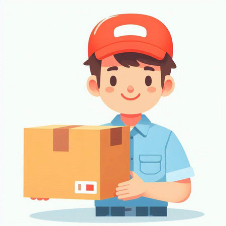 Delivery man holding a cardboard box. Vector illustration in cartoon style.のイラスト素材