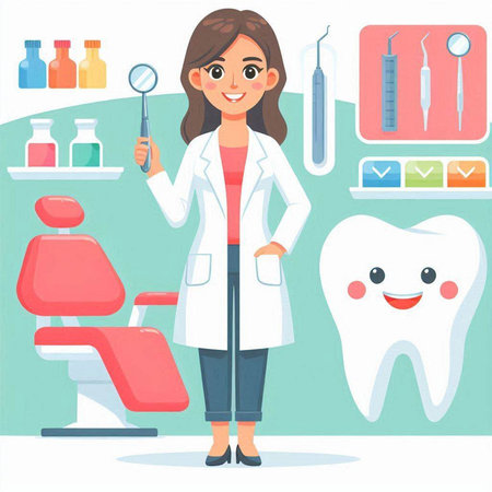 Dentist and dental tools. Vector illustration in cartoon style.のイラスト素材