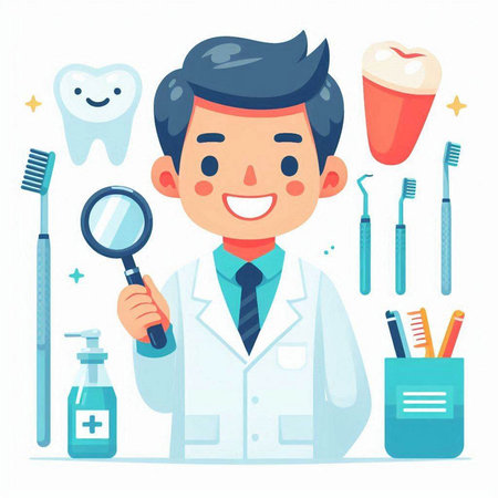 Dentist man cartoon character with stomatology tools. Vector illustrationのイラスト素材