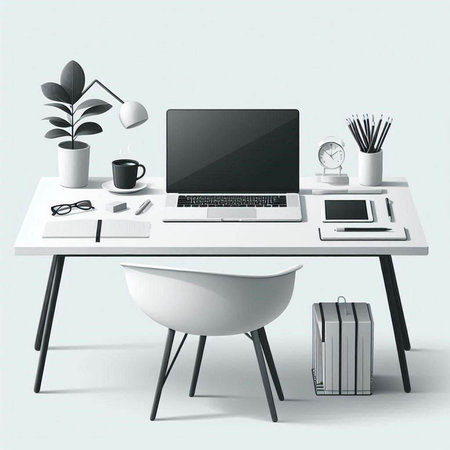 Modern workspace with computer and stationery on the table. 3d renderingのイラスト素材
