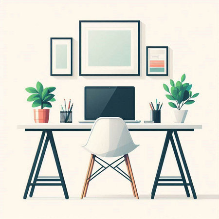 Workplace with computer, table, chair and plant. Vector illustrationのイラスト素材