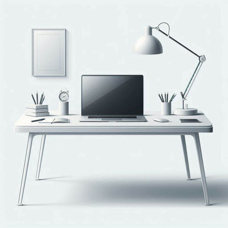 Modern workplace with computer, lamp and other objects on light wall backgroundのイラスト素材