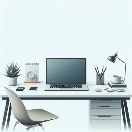 workplace with computer, lamp and other objects. 3d renderingのイラスト素材