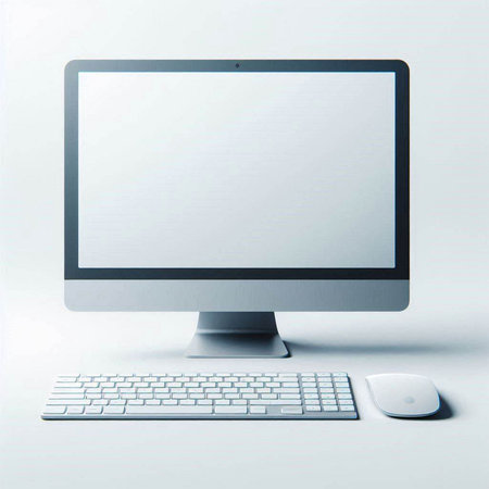 Computer monitor with keyboard and mouse on white background. 3d renderのイラスト素材