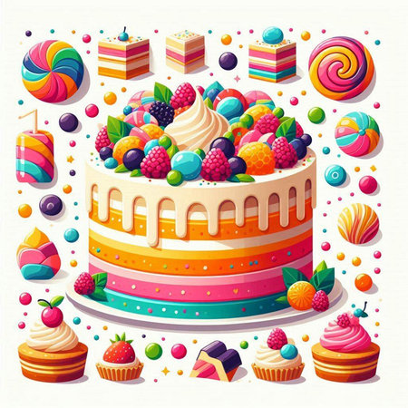 Cake with strawberries and cream. Vector illustration in flat style.のイラスト素材