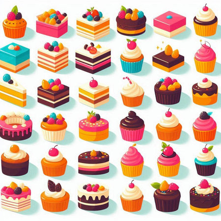 Birthday cake with different candies and sweets. Vector illustration.のイラスト素材