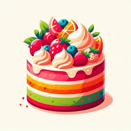 Cake with cream, strawberry and blueberry. Vector illustration.のイラスト素材