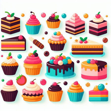 Set of different cakes and cupcakes. Vector illustration in cartoon style.のイラスト素材