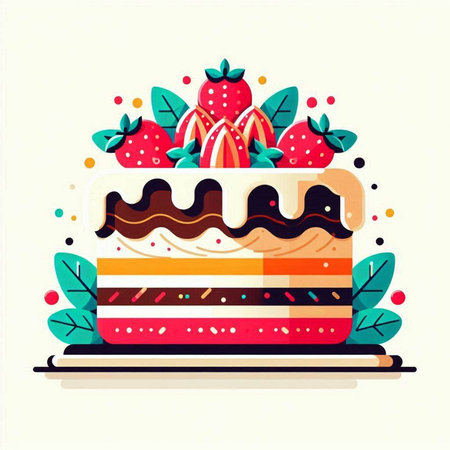 Vector illustration of a cake with strawberries and chocolate. Flat style.のイラスト素材