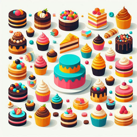 Cakes and candies isometric 3d icons set. Vector illustrationのイラスト素材