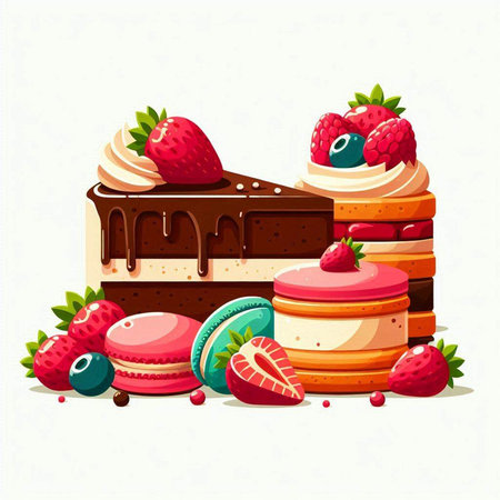 Vector illustration of a delicious chocolate cake with berries and macaroons.のイラスト素材