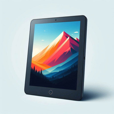 Tablet pc with mountain landscape on the screen. Vector illustration.のイラスト素材