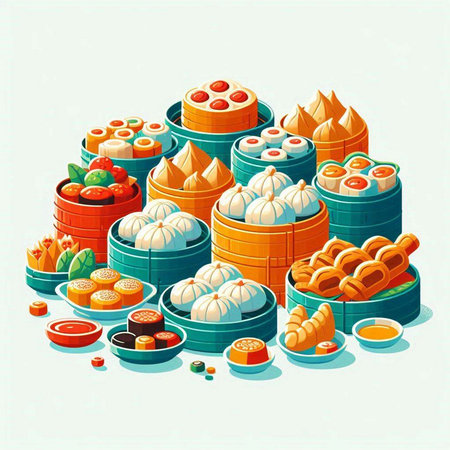 Vector illustration of Chinese steamed dumplings with different fillingsのイラスト素材