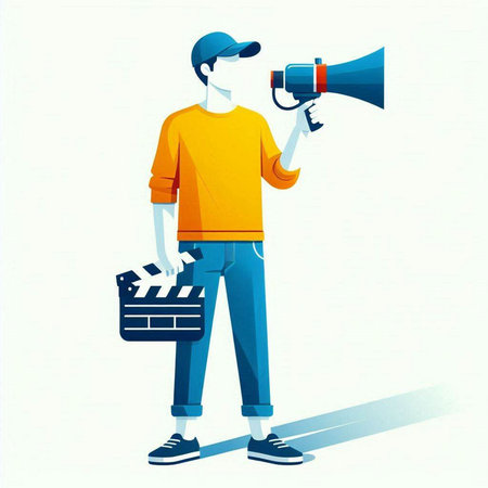 Vector illustration of a man with a megaphone and clapperboardのイラスト素材