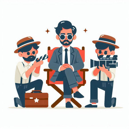 Photographer and cameraman working with movie camera. Flat style vector illustration.のイラスト素材