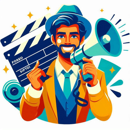 Vector illustration of man with megaphone and clapperboard.のイラスト素材