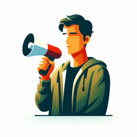 Man with a megaphone. Vector illustration in cartoon style.のイラスト素材