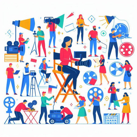 Movie production crew working with camera and equipment. Filmmaking, videographer, videographer, film crew. Vector illustrationのイラスト素材